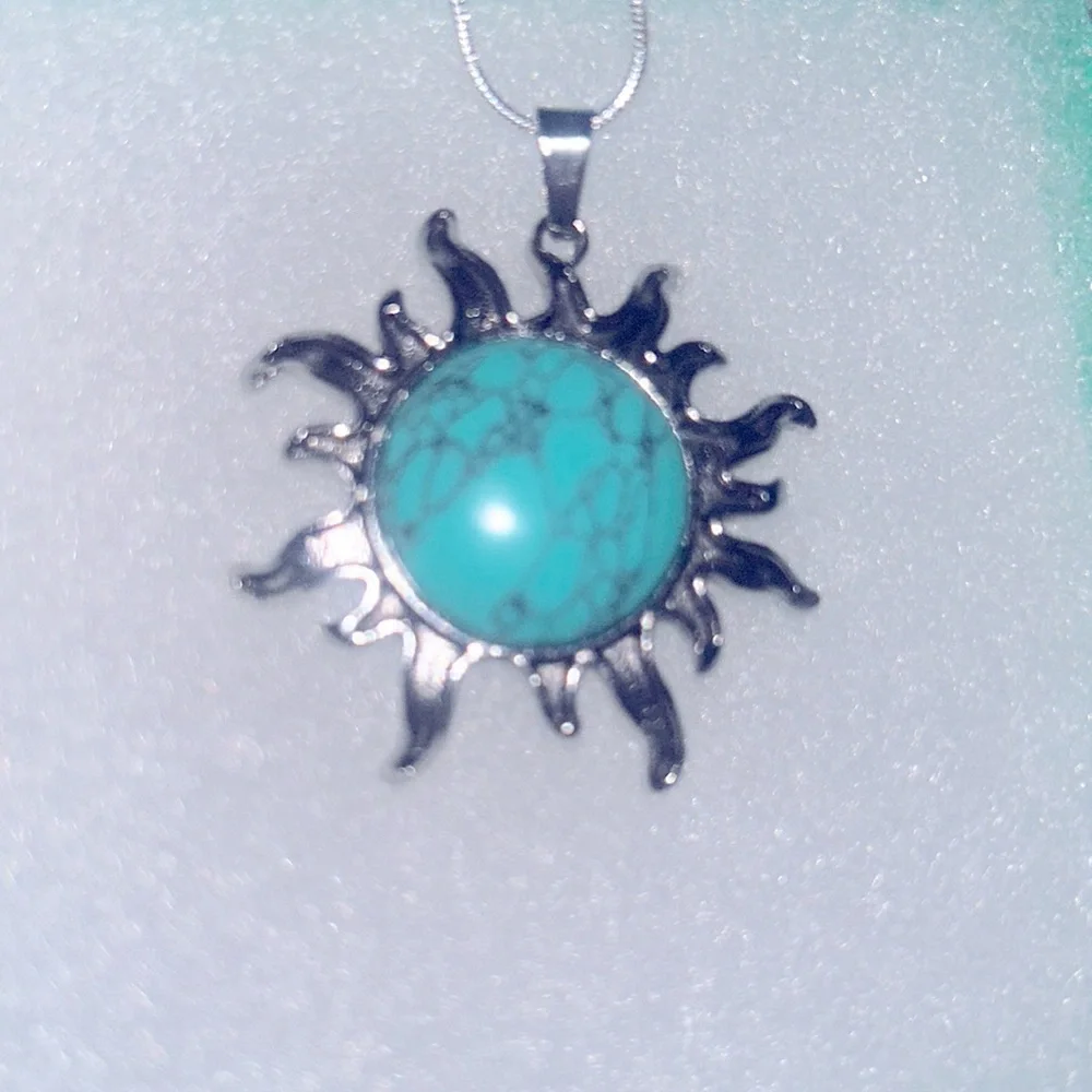 Boho hippie Turquoise Crystal Sun Sterling Silver Necklace 16”